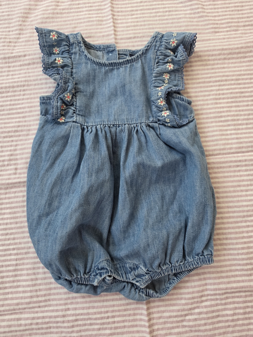 Baby GAP Denim Chambray Floral Embroidered Bubble Romper 0-3M